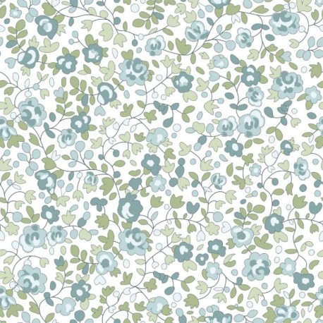 Tissu Popeline Fleurs Bleu Vert
