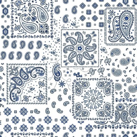 Tissu Cretonne Imprimée Kansas Bandana Blanc bleu