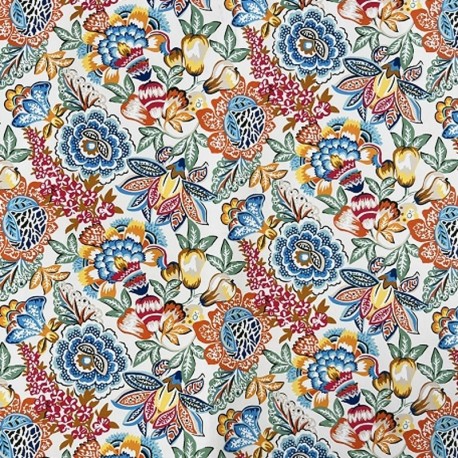 Tissu Cretonne Imprimée Esmeralda Fleurs Blanc bleu
