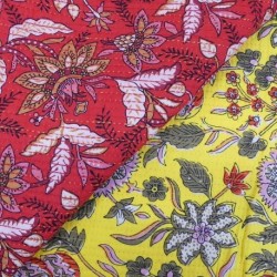 Tissu Blockprint Imprimé Tampons Mains Matelassé Double Face Floral Rouge et Jaune