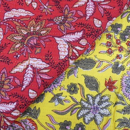 Tissu Blockprint Imprimé Tampons Mains Matelassé Double Face Floral Rouge et Jaune
