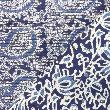 Tissu Blockprint Imprimé Tampons Mains Matelassé Double Face Floral et Paisley Bleu