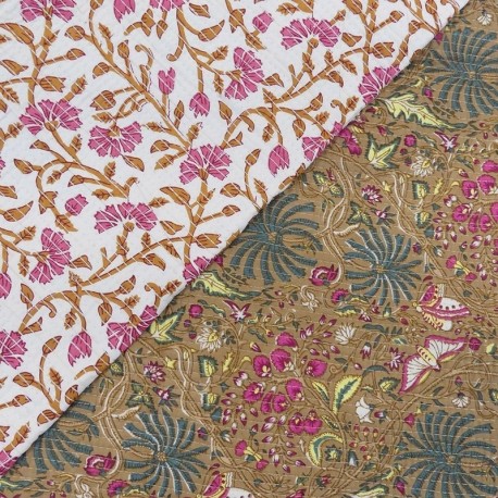 Tissu Blockprint Imprimé Tampons Mains Matelassé Double Face Floral Blanc et Marron Clair