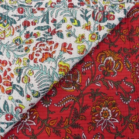 Tissu Blockprint Imprimé Tampons Mains Matelassé Double Face Floral Blanc et Rouge