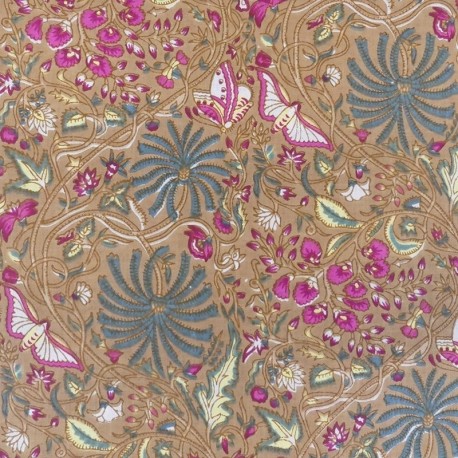 Tissu Blockprint Impression Tampons Mains Végétal Fond Marron Clair