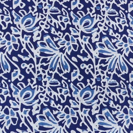 Tissu Blockprint Impression Tampons Mains Floral Bleu