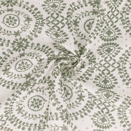 Tissu Broderie Coton Fleurs Vert