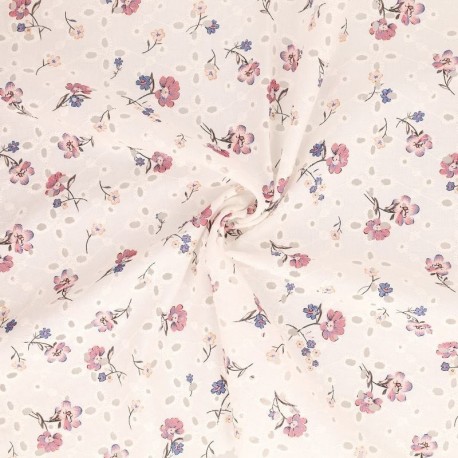 Tissu Broderie Coton Fleurs Rose Clair