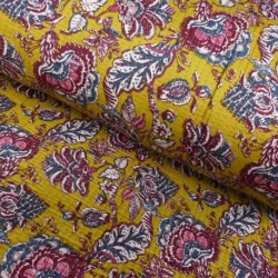 Tissu Blockprint Imprimé Tampons Mains Matelassé Double Face Jaune Bordeaux
