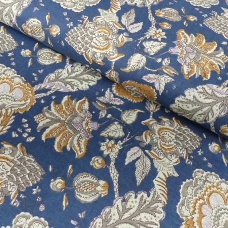 Tissu Blockprint Impression Tampons Mains Floral Bleu