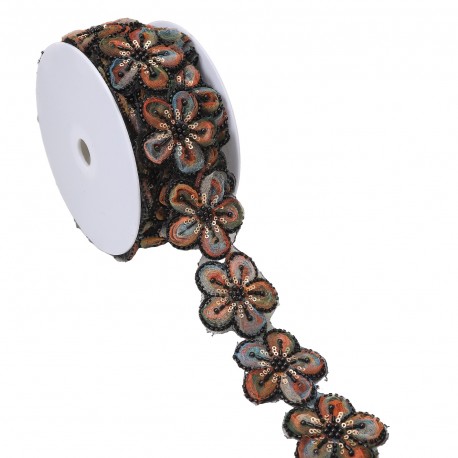 Galon brode fleurs perles et paillettes