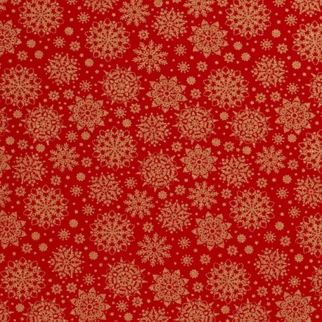 Tissu Cretonne Imrimée Foil Flocon Fond Rouge 