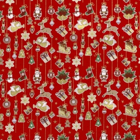 Tissu Cretonne Imrimée Foil Noël Fond Rouge 