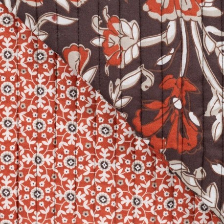 Tissu Coton Matelassé Imprrimé Motif Fleurs Marron