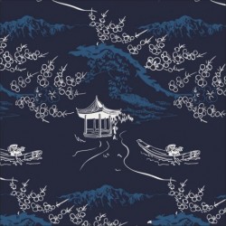 Tissu Voile de Coton Imprimé Pagode Denim 