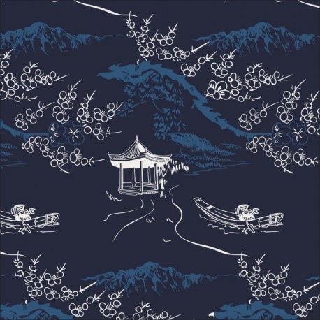 Tissu Voile de Coton Imprimé Pagode Denim 