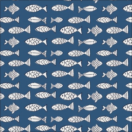Tissu Voile de Coton Imprimé Poisson Denim