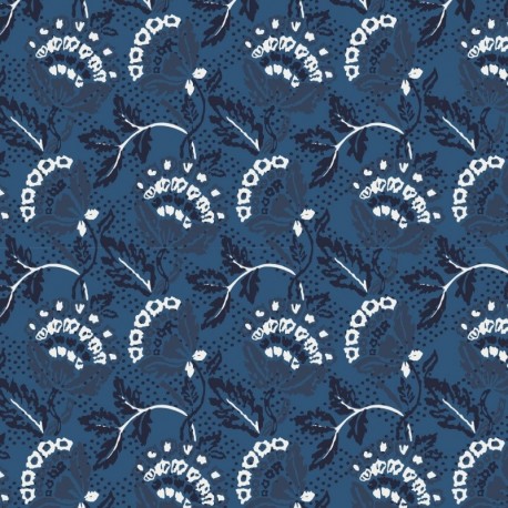 Tissu Voile de Coton Imprimé Fleur Denim