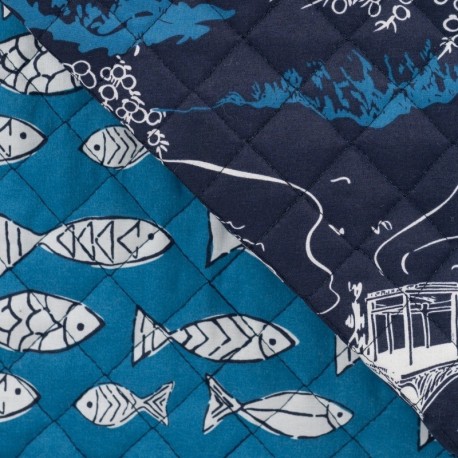 Tissu Coton Matelasse Imprimé Poisson Pagode Denim