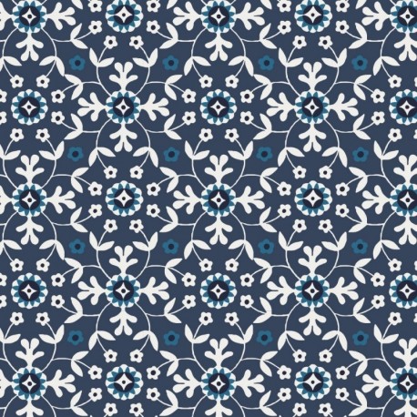 Tissu Voile de Coton Imprimé Motif Floral Denim 